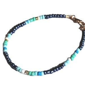 Turquoise Gemstone Seed Bead Anklet Gold Plated Accent Beads Handmade Jewelry